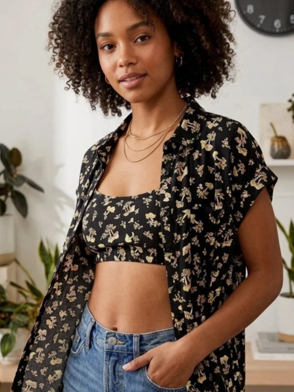 Women S NWT Floral Set Crop Top Kimono Mushroom Button Front Shirt with Bralette